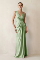 V - Neck Satin Ruched Sheath Bridesmaid Dress in Sage - KISS BRIDAL Bridesmaid Dresses