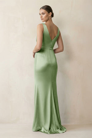 V - Neck Satin Ruched Sheath Bridesmaid Dress in Sage - KISS BRIDAL Bridesmaid Dresses