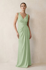 V-Neck Satin Ruched Sheath Bridesmaid Dress in Sage | KISSBRIDAL