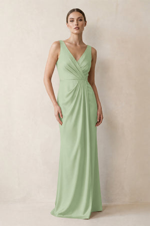 V-Neck Satin Ruched Sheath Bridesmaid Dress in Sage | KISSBRIDAL