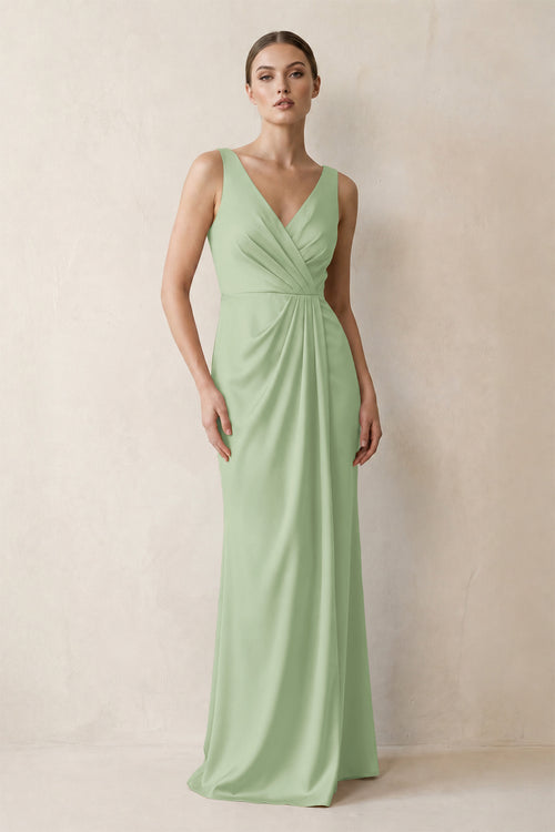 V-Neck Satin Ruched Sheath Bridesmaid Dress in Sage | KISSBRIDAL