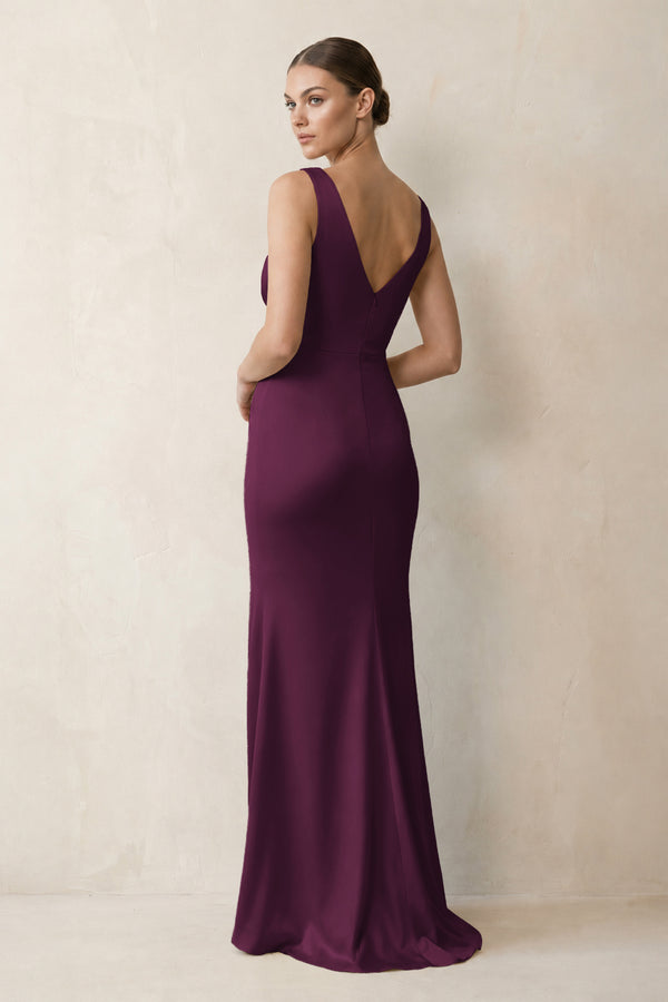 V-Neck Satin Ruched Sheath Bridesmaid Dress in Sangria (2) | KISSBRIDAL