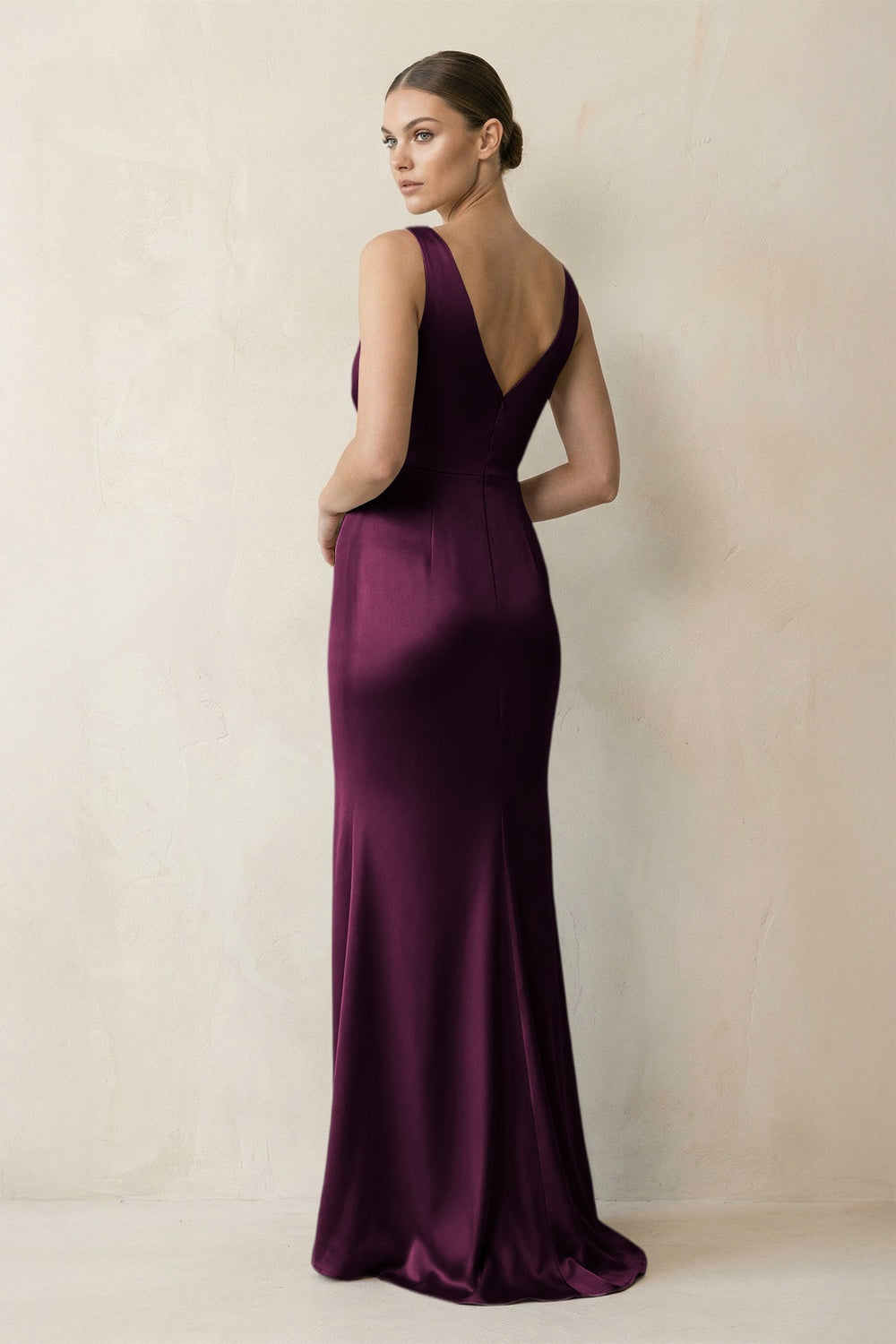 V - Neck Satin Ruched Sheath Bridesmaid Dress in Sangria - KISS BRIDAL Bridesmaid Dresses