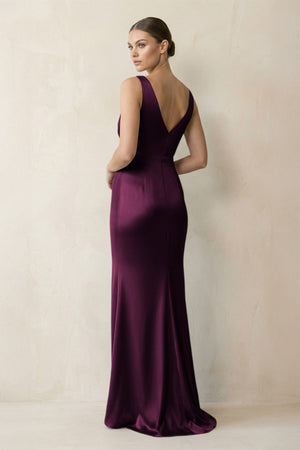 V - Neck Satin Ruched Sheath Bridesmaid Dress in Sangria - KISS BRIDAL Bridesmaid Dresses