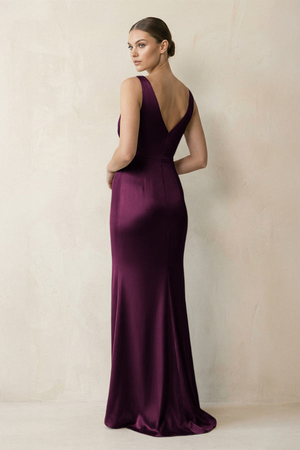 V - Neck Satin Ruched Sheath Bridesmaid Dress in Sangria - KISS BRIDAL Bridesmaid Dresses