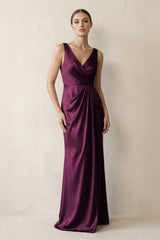 V - Neck Satin Ruched Sheath Bridesmaid Dress in Sangria - KISS BRIDAL Bridesmaid Dresses