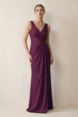 V-Neck Satin Ruched Sheath Bridesmaid Dress in Sangria | KISSBRIDAL