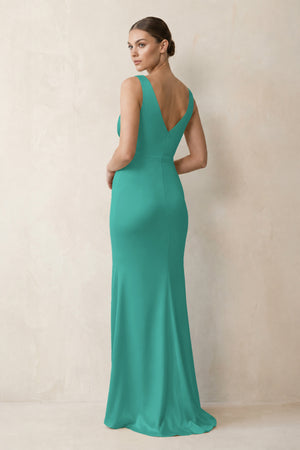 V-Neck Satin Ruched Sheath Bridesmaid Dress in Sea Glass (2) | KISSBRIDAL