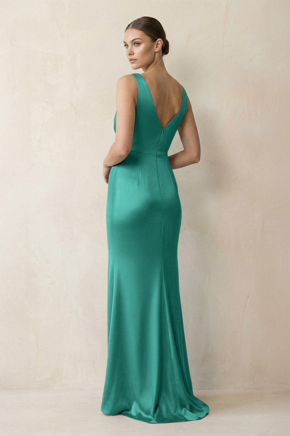 V - Neck Satin Ruched Sheath Bridesmaid Dress in Sea Glass - KISS BRIDAL Bridesmaid Dresses