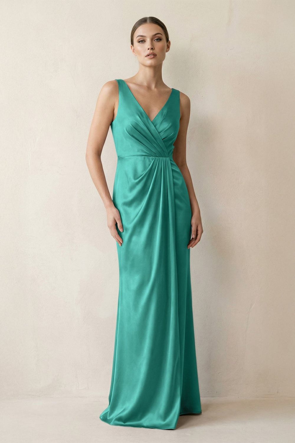 V - Neck Satin Ruched Sheath Bridesmaid Dress in Sea Glass - KISS BRIDAL Bridesmaid Dresses