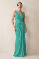 V-Neck Satin Ruched Sheath Bridesmaid Dress in Sea Glass | KISSBRIDAL