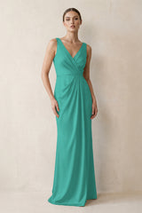V-Neck Satin Ruched Sheath Bridesmaid Dress in Sea Glass | KISSBRIDAL