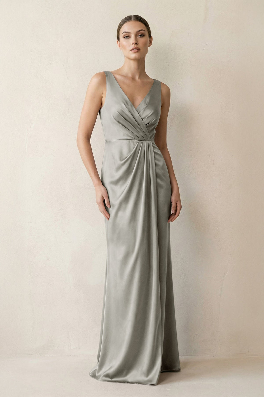 V - Neck Satin Ruched Sheath Bridesmaid Dress in Silver - KISS BRIDAL Bridesmaid Dresses