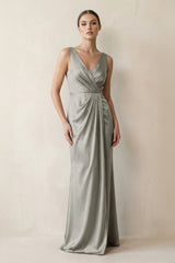 V - Neck Satin Ruched Sheath Bridesmaid Dress in Silver - KISS BRIDAL Bridesmaid Dresses