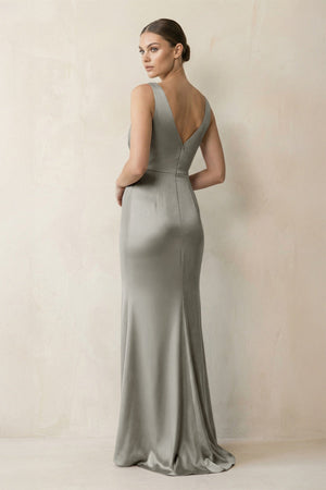 V - Neck Satin Ruched Sheath Bridesmaid Dress in Silver - KISS BRIDAL Bridesmaid Dresses