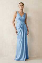 V - Neck Satin Ruched Sheath Bridesmaid Dress in Sky Blue - KISS BRIDAL Bridesmaid Dresses
