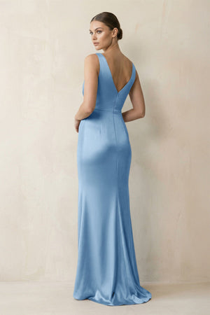 V - Neck Satin Ruched Sheath Bridesmaid Dress in Sky Blue - KISS BRIDAL Bridesmaid Dresses