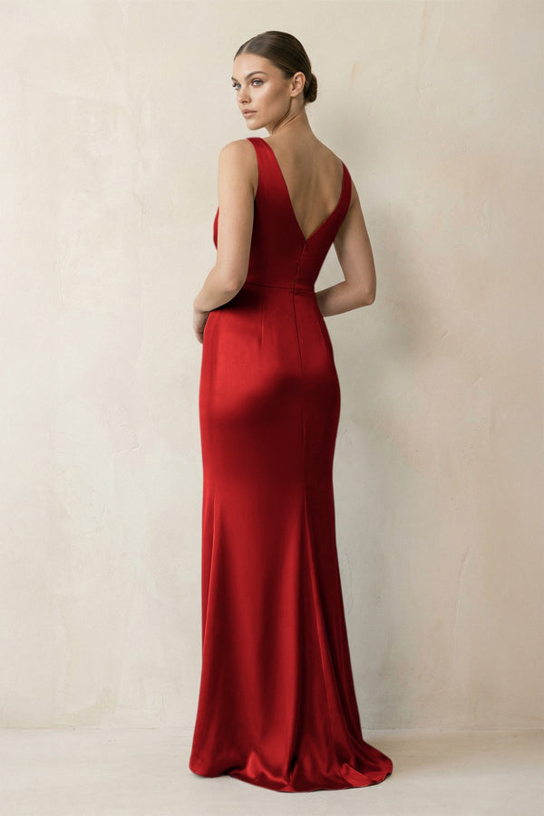 V - Neck Satin Ruched Sheath Bridesmaid Dress in Spice - KISS BRIDAL Bridesmaid Dresses