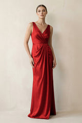 V - Neck Satin Ruched Sheath Bridesmaid Dress in Spice - KISS BRIDAL Bridesmaid Dresses