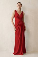 V-Neck Satin Ruched Sheath Bridesmaid Dress in Spice - KISSBRIDAL
