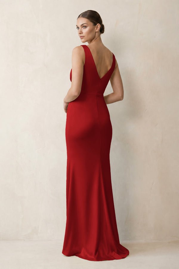 V-Neck Satin Ruched Sheath Bridesmaid Dress in Spice - KISSBRIDAL