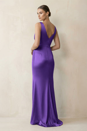 V - Neck Satin Ruched Sheath Bridesmaid Dress in Tahiti - KISS BRIDAL Bridesmaid Dresses