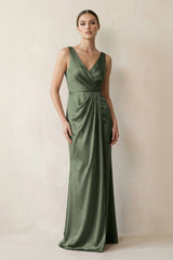 V - Neck Satin Ruched Sheath Bridesmaid Dress in Thyme - KISS BRIDAL Bridesmaid Dresses