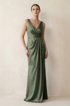 V - Neck Satin Ruched Sheath Bridesmaid Dress in Thyme - KISS BRIDAL Bridesmaid Dresses