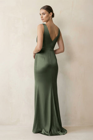 V - Neck Satin Ruched Sheath Bridesmaid Dress in Thyme - KISS BRIDAL Bridesmaid Dresses