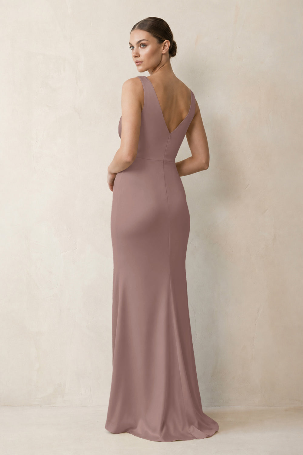 V-Neck Satin Ruched Sheath Bridesmaid Dress in Toffee