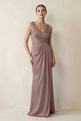 V - Neck Satin Ruched Sheath Bridesmaid Dress in Toffee - KISS BRIDAL Bridesmaid Dresses