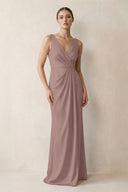 V-Neck Satin Ruched Sheath Bridesmaid Dress in Toffee | KISSBRIDAL