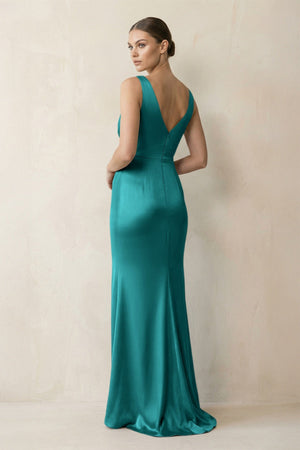 V - Neck Satin Ruched Sheath Bridesmaid Dress in Turquoise - KISS BRIDAL Bridesmaid Dresses