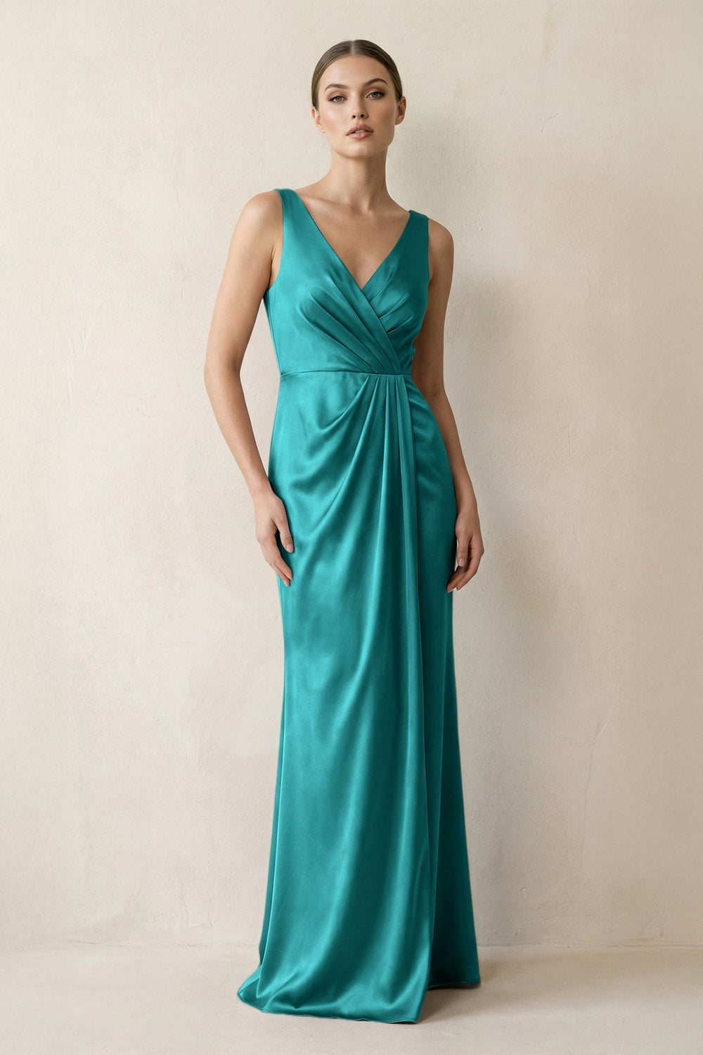 V - Neck Satin Ruched Sheath Bridesmaid Dress in Turquoise - KISS BRIDAL Bridesmaid Dresses