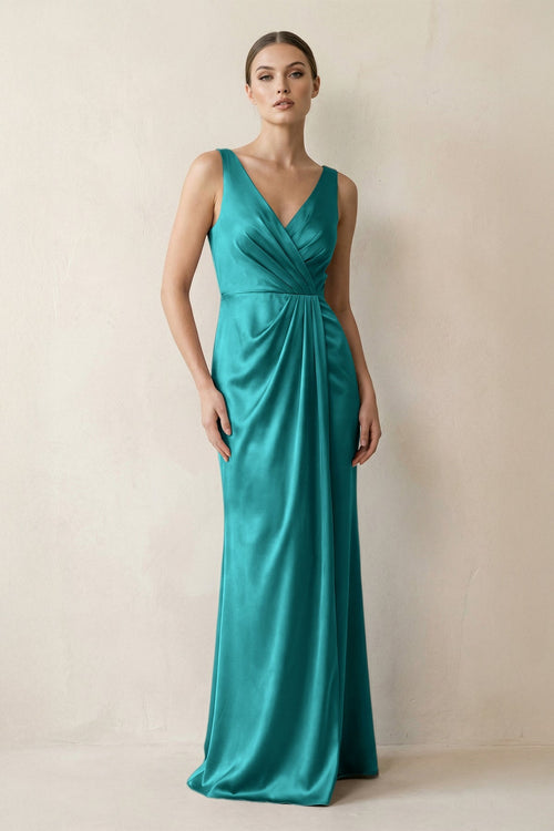 V - Neck Satin Ruched Sheath Bridesmaid Dress in Turquoise - KISS BRIDAL Bridesmaid Dresses
