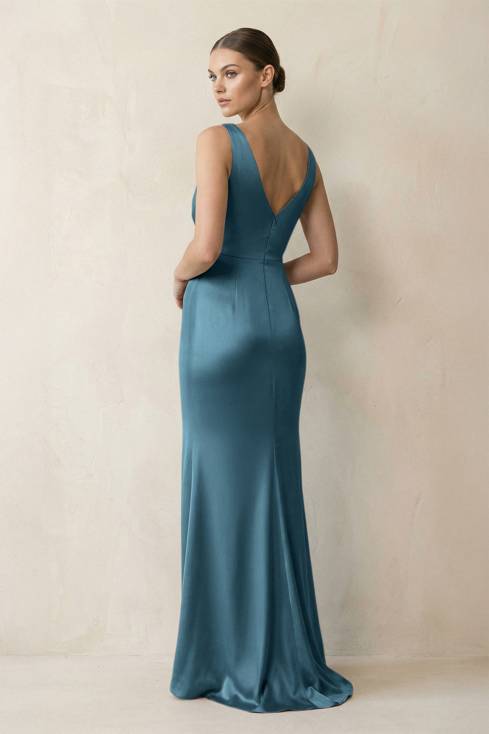 V - Neck Satin Ruched Sheath Bridesmaid Dress in Twilight - KISS BRIDAL Bridesmaid Dresses