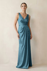 V - Neck Satin Ruched Sheath Bridesmaid Dress in Twilight - KISS BRIDAL Bridesmaid Dresses