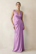 V - Neck Satin Ruched Sheath Bridesmaid Dress in Vintage Mauve - KISS BRIDAL Bridesmaid Dresses