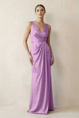 V - Neck Satin Ruched Sheath Bridesmaid Dress in Vintage Mauve - KISS BRIDAL Bridesmaid Dresses