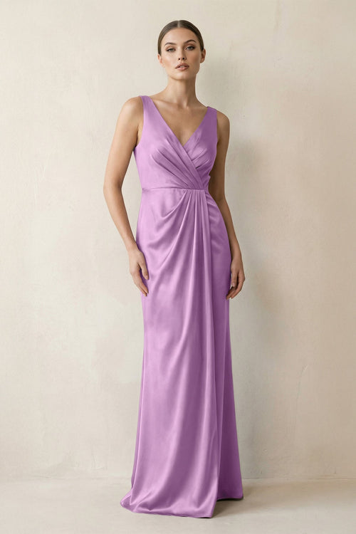 V - Neck Satin Ruched Sheath Bridesmaid Dress in Vintage Mauve - KISS BRIDAL Bridesmaid Dresses