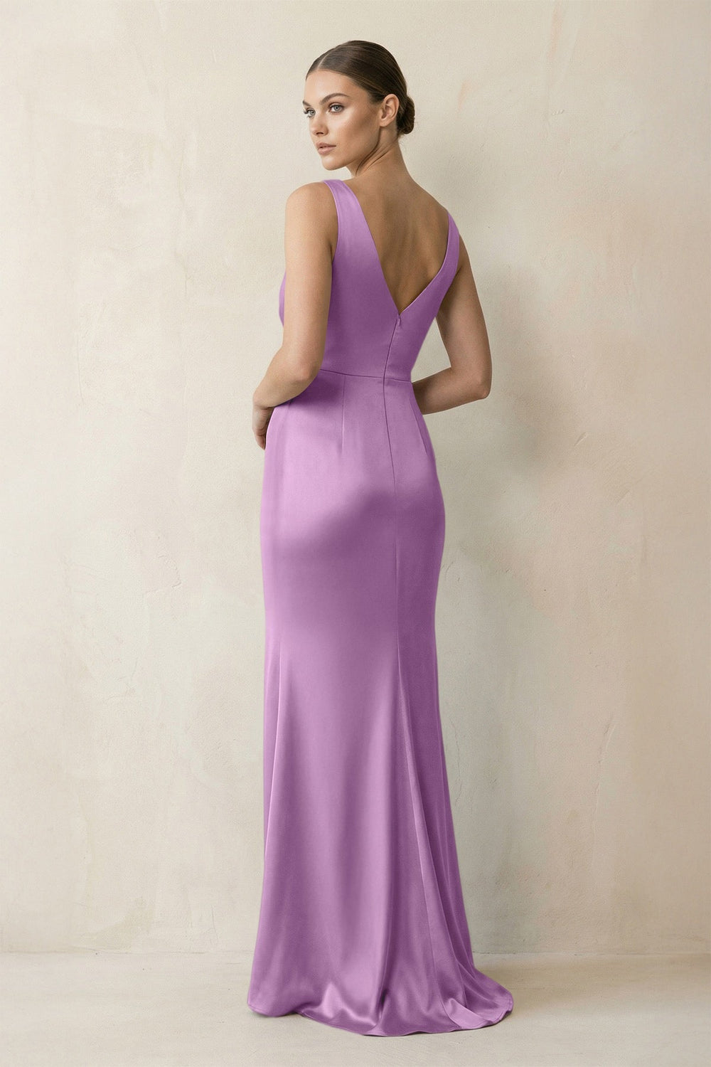 V - Neck Satin Ruched Sheath Bridesmaid Dress in Vintage Mauve - KISS BRIDAL Bridesmaid Dresses