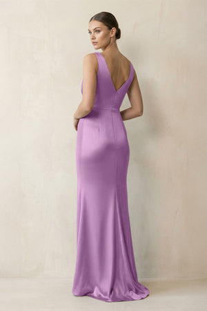 V - Neck Satin Ruched Sheath Bridesmaid Dress in Vintage Mauve - KISS BRIDAL Bridesmaid Dresses