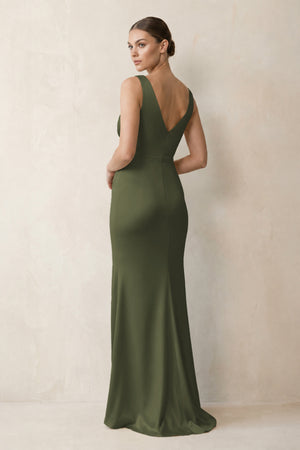 V-Neck Satin Ruched Sheath Bridesmaid Dress in Willow Green (2) | KISSBRIDAL
