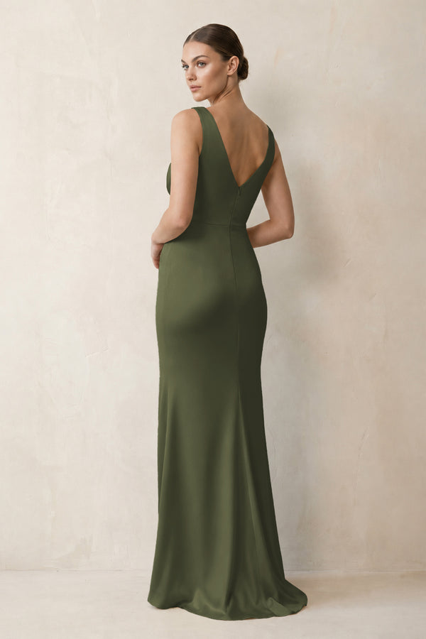 V-Neck Satin Ruched Sheath Bridesmaid Dress in Willow Green (2) | KISSBRIDAL