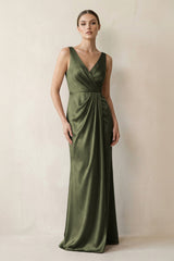V - Neck Satin Ruched Sheath Bridesmaid Dress in Willow Green - KISS BRIDAL Bridesmaid Dresses