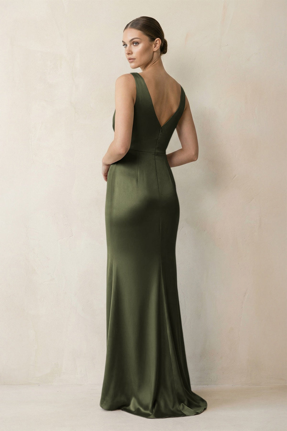 V - Neck Satin Ruched Sheath Bridesmaid Dress in Willow Green - KISS BRIDAL Bridesmaid Dresses