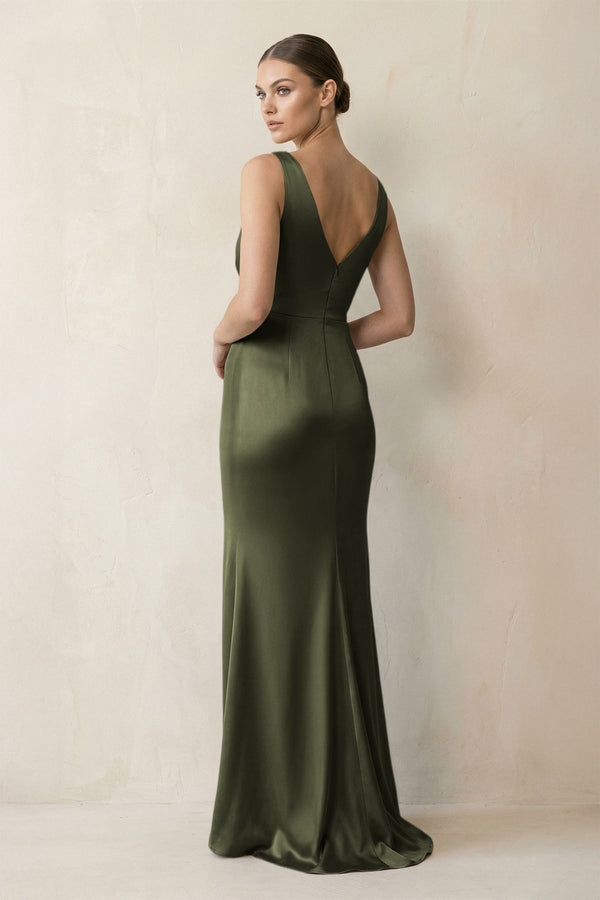 V - Neck Satin Ruched Sheath Bridesmaid Dress in Willow Green - KISS BRIDAL Bridesmaid Dresses