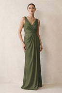 V-Neck Satin Ruched Sheath Bridesmaid Dress in Willow Green | KISSBRIDAL