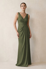 V-Neck Satin Ruched Sheath Bridesmaid Dress in Willow Green | KISSBRIDAL