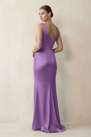 V - Neck Satin Ruched Sheath Bridesmaid Dress in Wisteria - KISS BRIDAL Bridesmaid Dresses